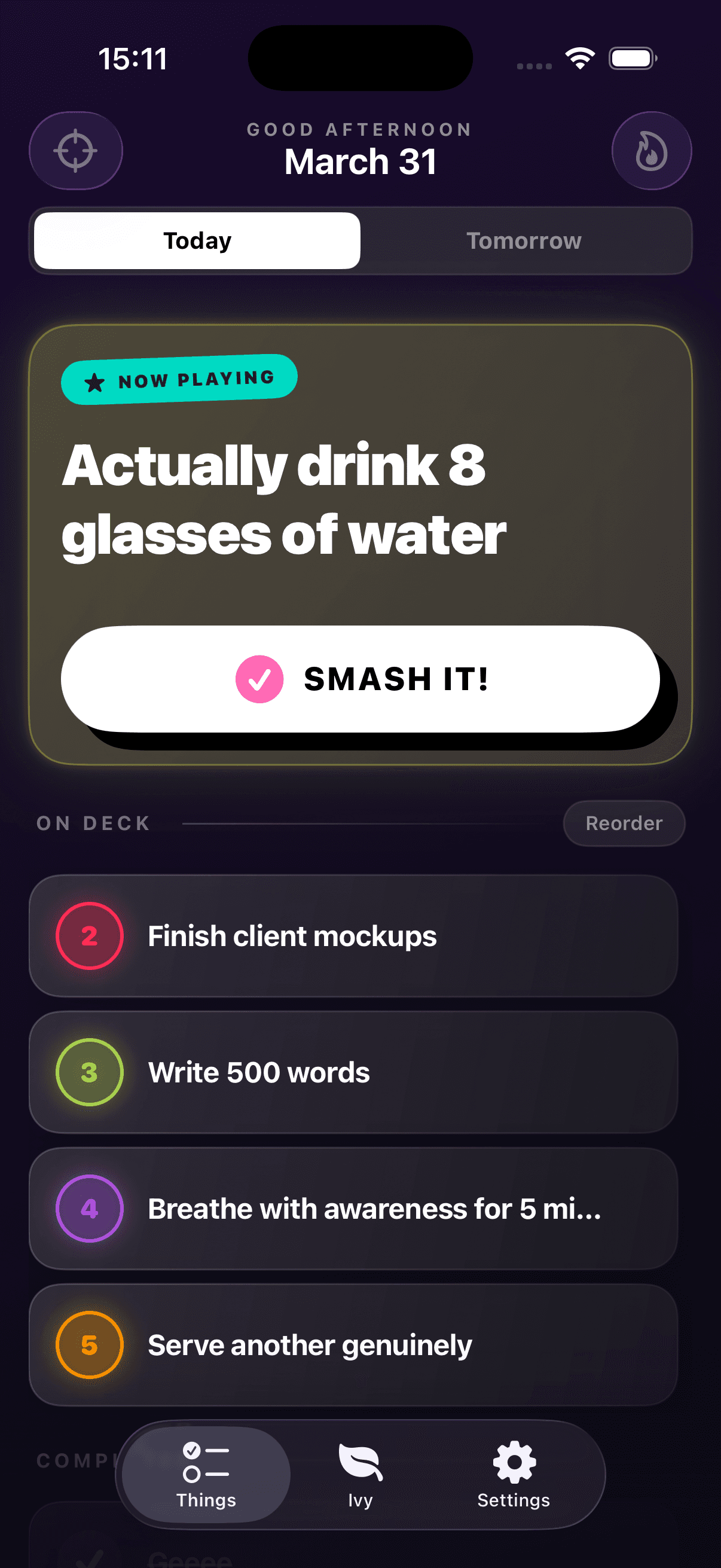 Sixthings app showing today's priorities with SMASH IT button